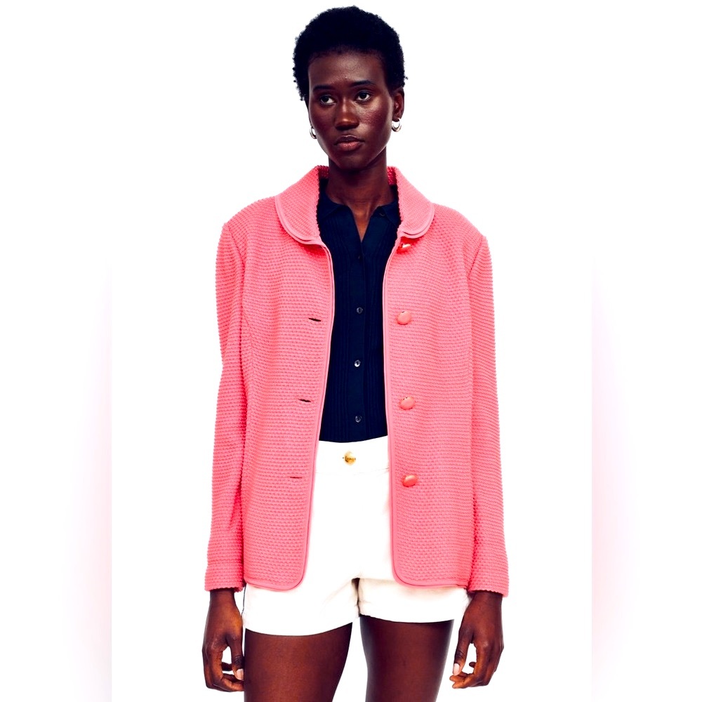 Luxury Designer Evening Jacket St. John Wool Silk Collar Button Boucle Coat Pink